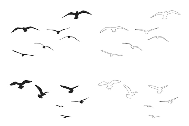 Vector premium de silueta de conjunto de aves voladoras