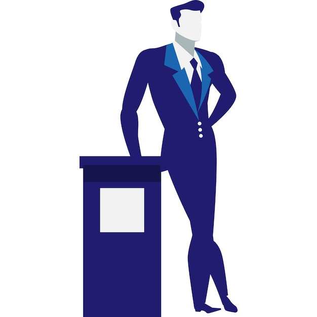 Vector de presentación de hombre de negocios Icono de negocio plano Hombre de traje de pie en el podio de la tribuna aislado en fondo blanco Personaje presentador de inversor masculino