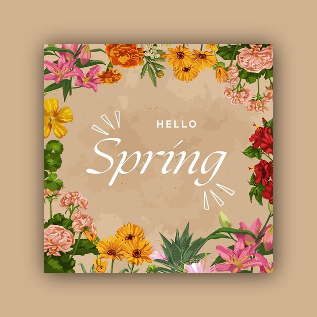 Vector vector primavera rosas rosadas floral hola primavera floral plantilla de póster de redes sociales con flores florales