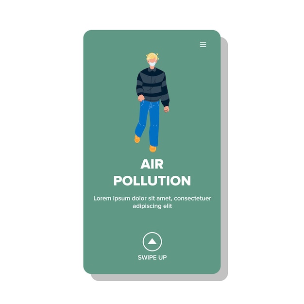 Vector de problema urbano o industrial de contaminación del aire. Joven caminando con máscara facial protectora en las calles de la ciudad con medio ambiente ecológico de contaminación del aire. Ilustración de dibujos animados plana de personaje web