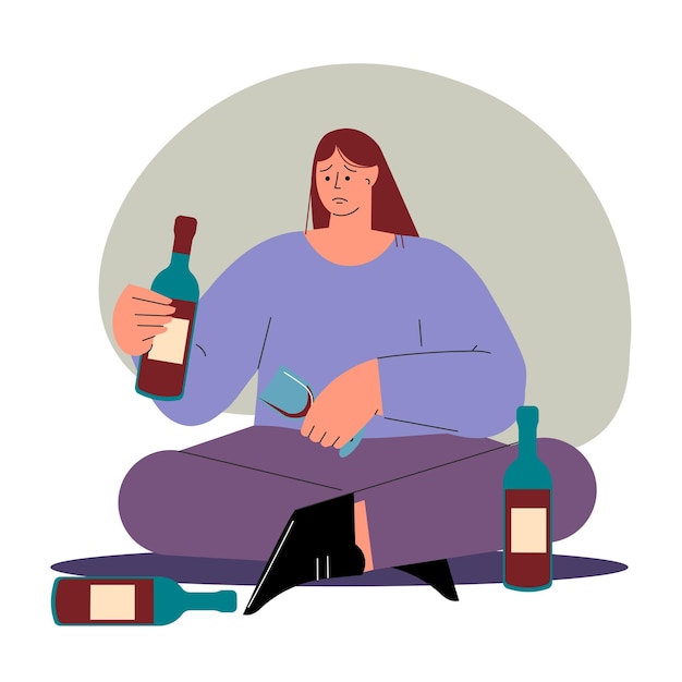 Vector de problemas de alcoholismo Ilustración aislada Mujer con problemas de abuso de sustancias Mujer alcohólica