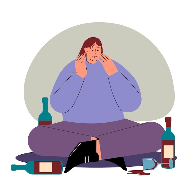 Vector de problemas de alcoholismo Ilustración aislada Mujer con problemas de abuso de sustancias Mujer alcohólica