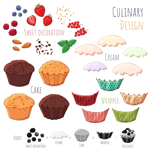 Vector vector de productos aislados para cocinar cupcakes.