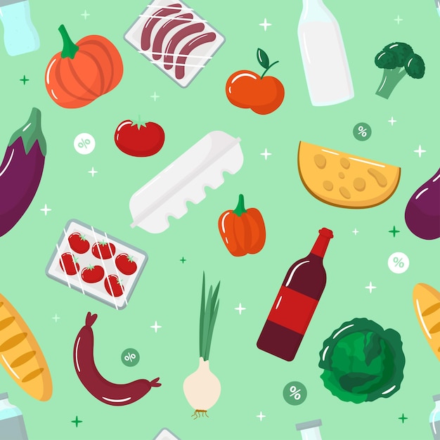 Vector productos de comestibles patrón sin costuras en fondo verde