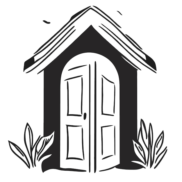 Un vector de una puerta abierta de una casa arbolada y un dibujo de una casa con un árbol en el frente