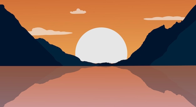 vector puesta de sol en el lago cielo rojo con el sol bajando el estanque rodeado de colina