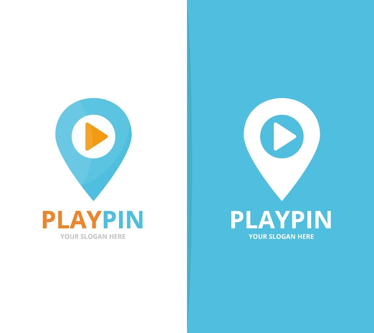 Vector vector de puntero de mapa y botón juego combinación de logotipo localizador gps y símbolo o icono de registro plantilla de diseño de logotipo de pin y audio video único
