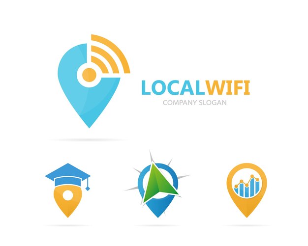 Vector de puntero de mapa y combinación de logotipo wifi localizador GPS y símbolo o icono de señal Pin único y plantilla de diseño de logotipo de internet de radio
