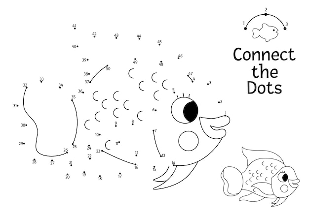 Vector punto punto y actividad de color con lindo pez loro bajo el mar conectar los puntos juego para niños con animales acuáticos divertidos página de colorear vida oceánica para niños hoja de trabajo imprimible xA