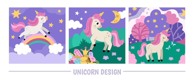 Vector púrpura escenas de unicornio conjunto cuadrado fondos rosados colección con pequeño caballo mundo de fantasía ilustraciones con arco iris bosque mágico mitad de luna tesoros de nubes paisaje de cuento de hadas para niños xA