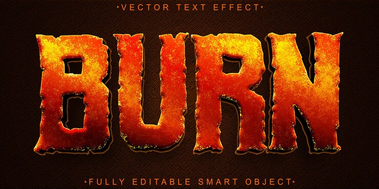 Vector vector de quema de fuego desgastado naranja efecto de texto de objeto inteligente totalmente editable