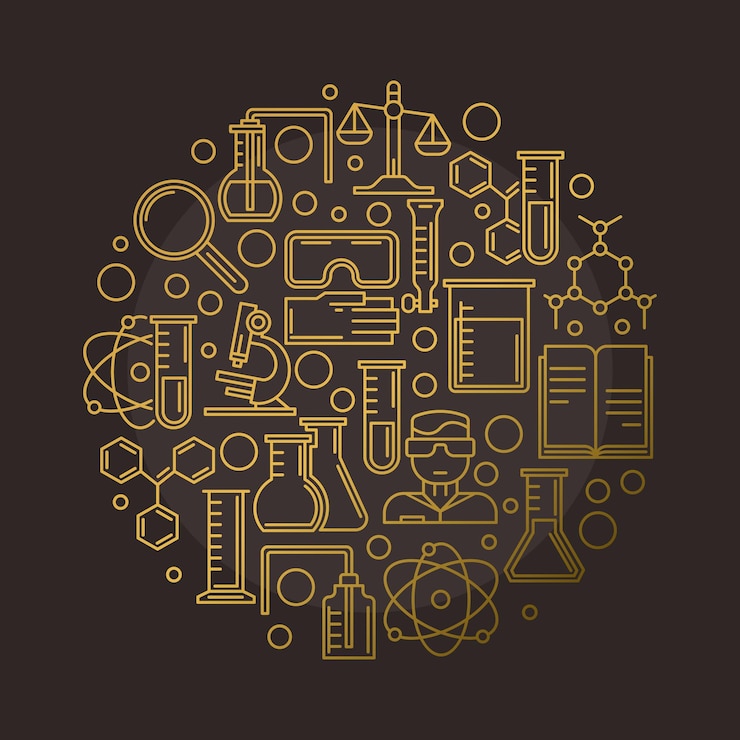 Vector vector de química concepto de ciencia ilustración redonda en estilo de línea fina