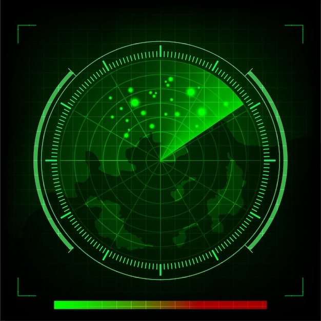 Vector de radar verde en la búsqueda sobre fondo negro