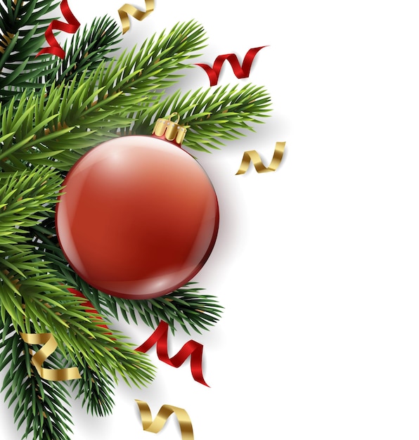 Vector rama de árbol de Navidad con bola roja aislada en blanco La vista desde la parte superior