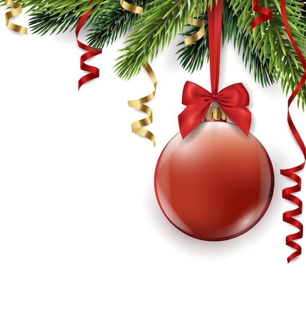 Vector rama de árbol de Navidad con bola roja aislada sobre fondo blanco de Navidad y año nuevo