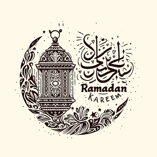 Vector ramadan kareem caligrafía vector ilustración de los símbolos de las fiestas islámicas dibujado linterna ar
