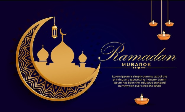 Vector ramadan mubarok diseño de tarjetas de felicitación islámicas con hermosas linternas y mezquita