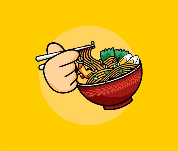 Vector vector, ramen, fideos, huevo, y, carne, con, palillo, caricatura