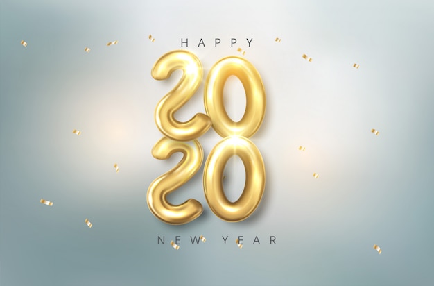 Vector realista 2020 globos en estilo 3D en color dorado. Diseño de tarjeta de felicitación.
