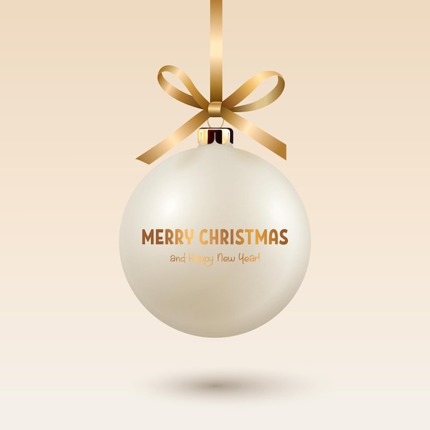 Vector realista 3d blanco colgante de Navidad bola de vidrio con amarillo dorado seda arco diseño de primer plano plantilla de Navidad y Año Nuevo árbol de juguete decoración de la pelota para Mockup tarjeta de felicitación pancarta vista delantera