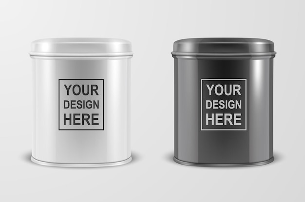Vector realista 3d blanco y negro en blanco metal lata contenedor conjunto primer plano aislado sobre fondo blanco plantilla de diseño para embalaje bebé polvo leche té café cereal maqueta vista frontal