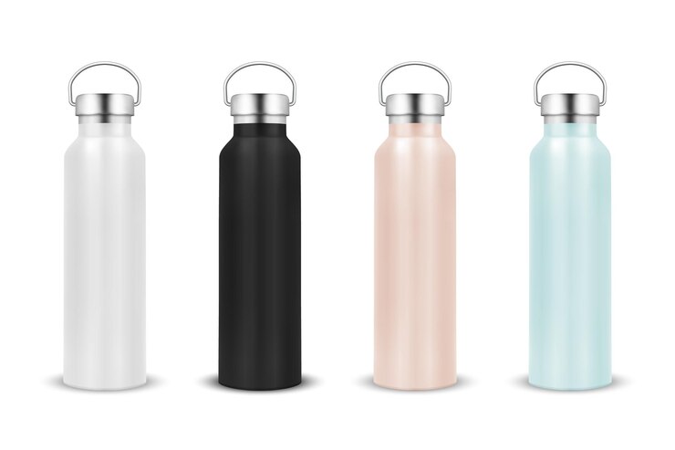 Vector vector realista 3d blanco negro rosa y azul en blanco brillante metal botella de agua reutilizable conjunto de iconos
