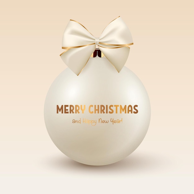 Vector Realista 3d Blanco o Beige Bola de Cristal de Navidad con Lazo de Seda y Plantilla de Diseño de Primer Plano de Impresión Dorada de Navidad y Año Nuevo Árbol Decoración de Juguete Bola de Navidad para Mockup Vista Frontal