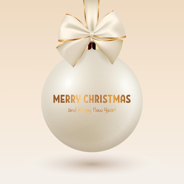 Vector Realista 3d Blanco o Beige Bola de Cristal de Navidad con Lazo de Seda y Plantilla de Diseño de Primer Plano de Impresión Dorada de Navidad y Año Nuevo Árbol Decoración de Juguete Bola de Navidad para Mockup Vista Frontal