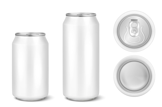 Vector realista 3d blanco vacío brillante metal negro aluminio cerveza paquete o puede visual 330ml 500ml. Se puede utilizar para cerveza, alcohol, refrescos, gaseosas, gaseosas, limonada, cola, bebidas energéticas, jugos, agua