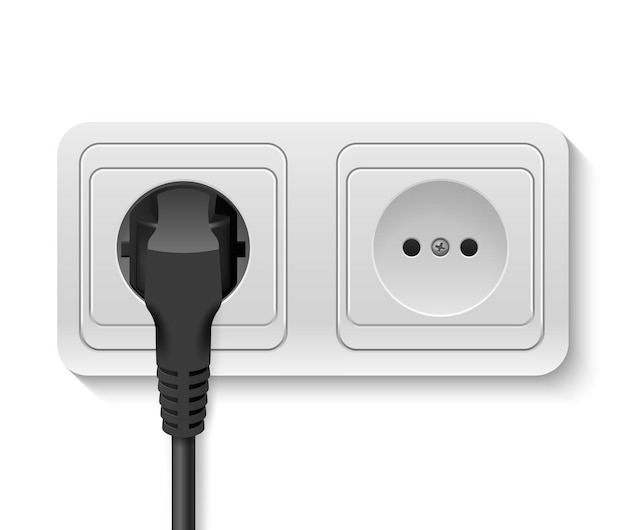 Vector realista 3d Enchufe negro insertado en un icono de enchufe de pared Primer plano aislado en la plantilla de diseño de fondo blanco del enchufe en el dispositivo de cable eléctrico de líneas eléctricas para conectar electricidad