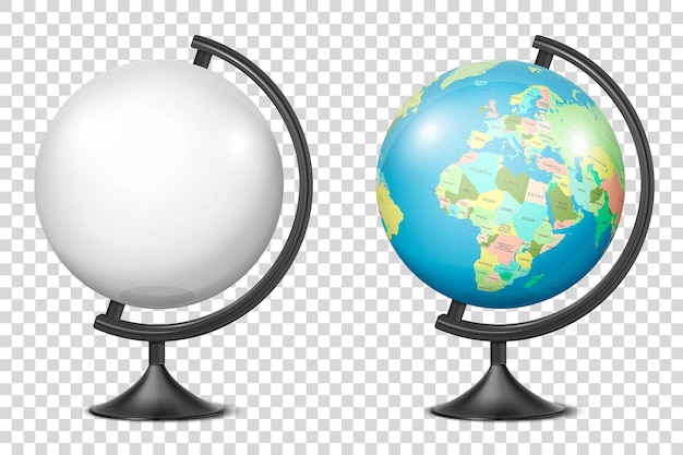 Vector realista 3d globo del planeta tierra con mapa del mundo y icono de globo en blanco primer plano plantilla de diseño aislado maqueta del globo escolar en el modelo de mesa de la tierra para gráficos clipart vista frontal