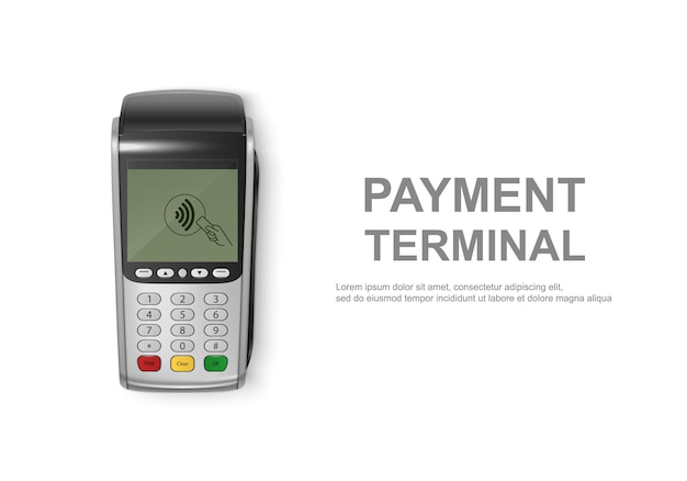 Vector vector realista 3d táctil nfc máquina de pago móvil terminal pos primer plano aislado en blanco plantilla de diseño de pago bancario terminal inalámbrico sin contacto mockup dispositivo de pagos vista superior