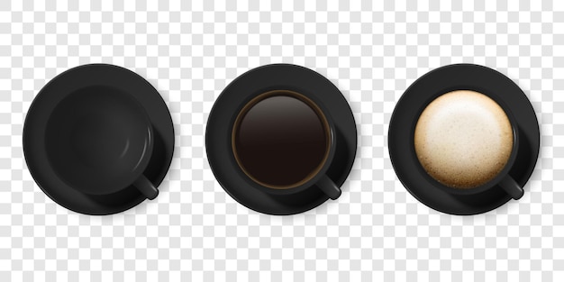 Vector realista 3d Taza de café negra en blanco brillante o conjunto de iconos de taza con Americano Espresso Cappuccino Plantilla de diseño aislada de cierre de taza de café o taza y platillo Vista superior de la maqueta