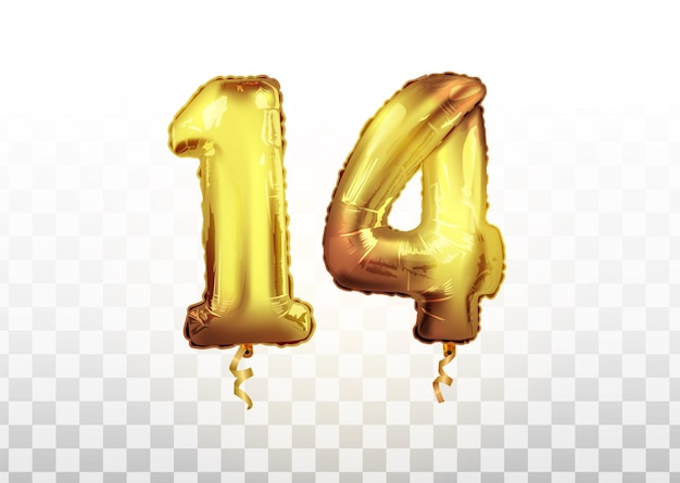 Vector vector realista aislado globo dorado número de 14 para decoración de invitación en el fondo transparente. celebrando la ilustración 3d de vector de cumpleaños de 14 años.