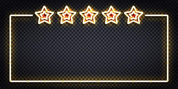 Vector realista aislado letrero de neón del logotipo del marco de cinco estrellas para decoración y revestimiento. Concepto de lujo, premium y VIP.