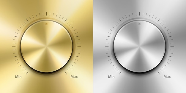 Vector vector realista amarillo dorado y gris plata acero cromo metálico botón círculo botón diseño de primer plano plantilla de control de reproducción de volumen de energía metálica