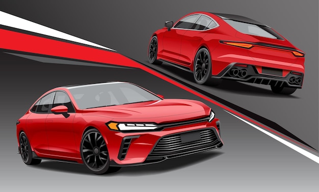 Vector realista del automóvil deportivo rojo delantero y vista negra del transporte en fondo geométrico
