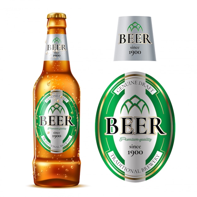 Vector realista botella de cerveza de vidrio con etiqueta