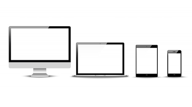 Vector realista. Conjunto de dispositivos: monitor de computadora portátil, tableta y plantilla de teléfono