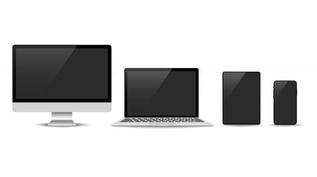 Vector realista. Conjunto de dispositivos: monitor de computadora portátil, tableta y plantilla de teléfono