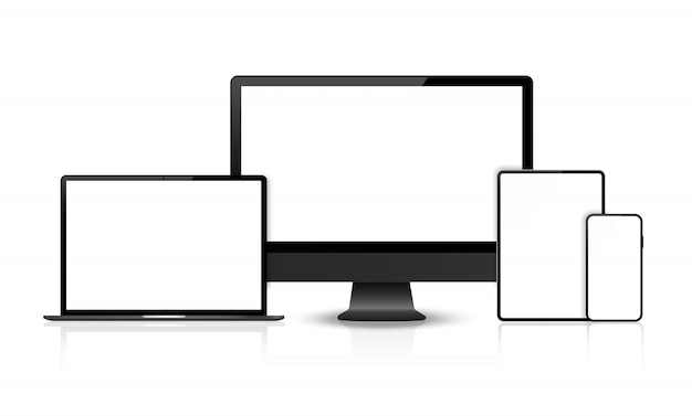 Vector realista conjunto de dispositivos: monitor portátil, tableta y plantilla de teléfono