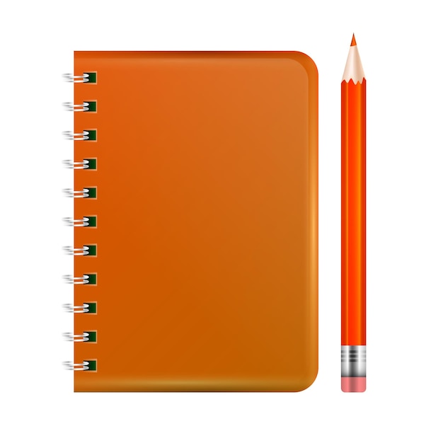 Vector vector realista cuaderno naranja y lápiz aislado sobre fondo blanco ilustración vectorial