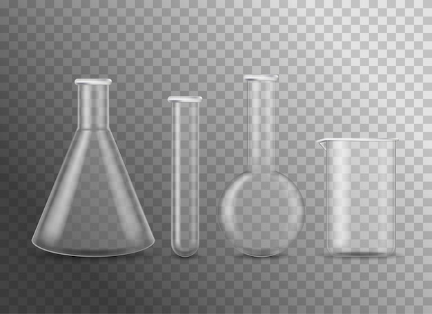 Vector realista y detallado de frascos de vidrio químicos vacíos en 3D