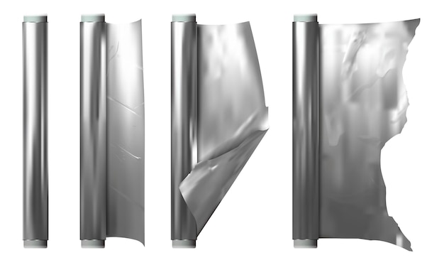 Vector realista detallado de rollo 3D de papel de aluminio de plata