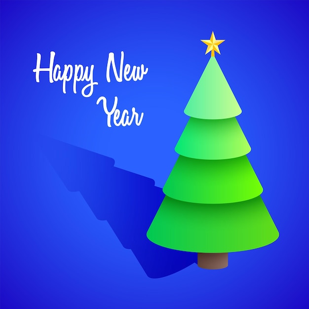 Vector vector realista diseño de tarjeta postal isométrica feliz año nuevo firma árbol de navidad con fondo azul estrella aislada