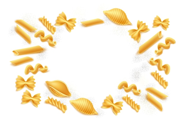 Vector realista farfalle rigate patrón de marco de pasta espaguetis secos cocina tradicional italiana