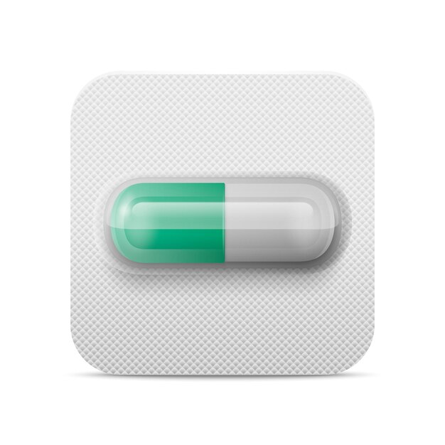 Vector Realista Farmacéutica Médica Pílula Vitaminas Blancas y Verdes Cápsula en blister Closeup Pílula aislada en blister Estampa de diseño de embalaje Vista delantera Concepto de salud de la medicina