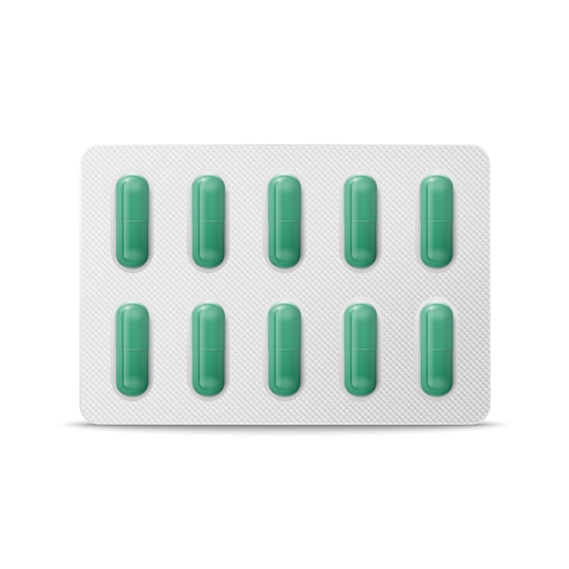 Vector Realista Farmacéutico Médico Píldoras Verdes Vitaminas Capsula en Ampolla de primer plano aislado