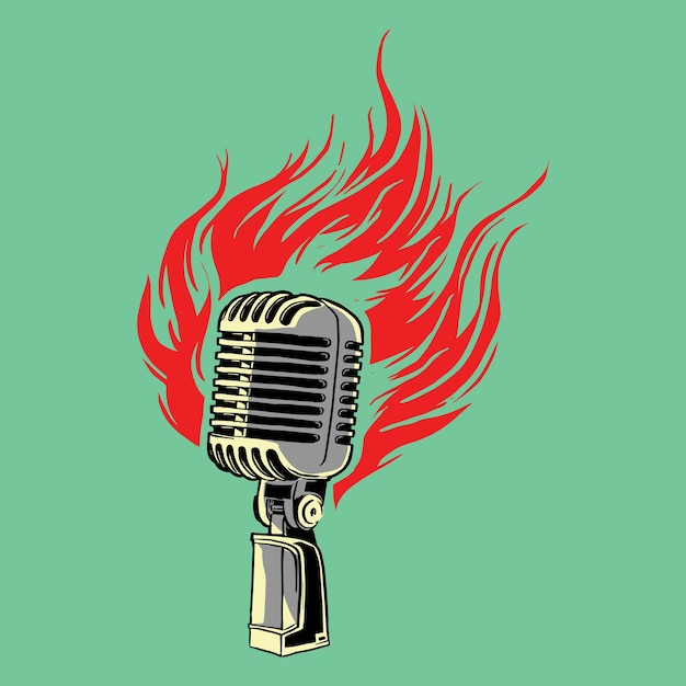 Vector realista micrófono retro en llamas