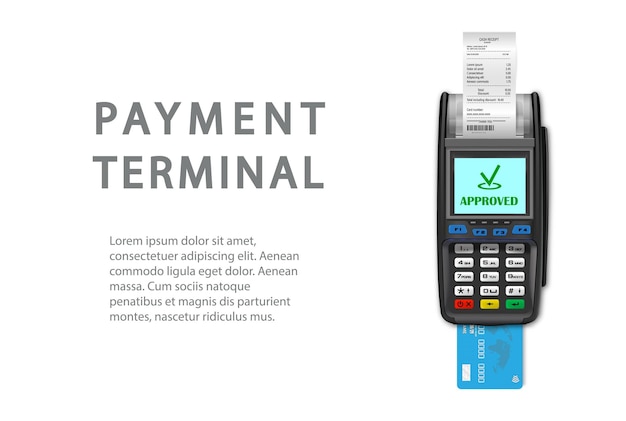 Vector Realista negro 3d Máquina de pago Un terminal POS de primer plano con un recibo y una tarjeta bancaria sobre un fondo blanco Diseño de plantilla de diseño Dispositivo de procesamiento de pago NFC Vista superior